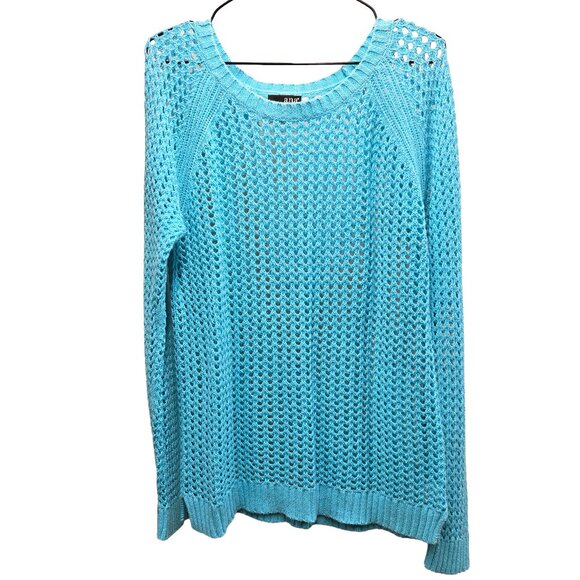a.n.a. A NEW APPROACH TURQUOISE BLUE POINTELLE OPEN KNIT PULLOVER SWEATER LARGE - Picture 1 of 8